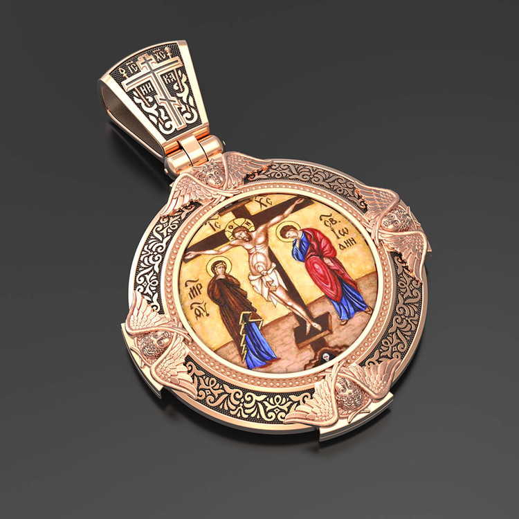 Нательная икона из красного золота 585 пробы c эмалью, иконописью и темперой