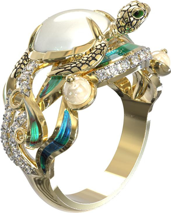 Кольцо из лимонного золота 585 пробы c эмалью, бриллиантами, жемчугом и перламутром