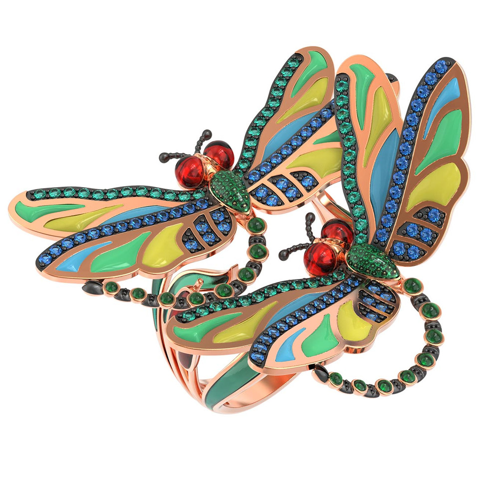 Кольцо из красного золота 585 пробы c сапфиром, изумрудом и эмалью