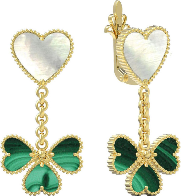 Серьги из лимонного золота 585 пробы c малахитом и перламутром