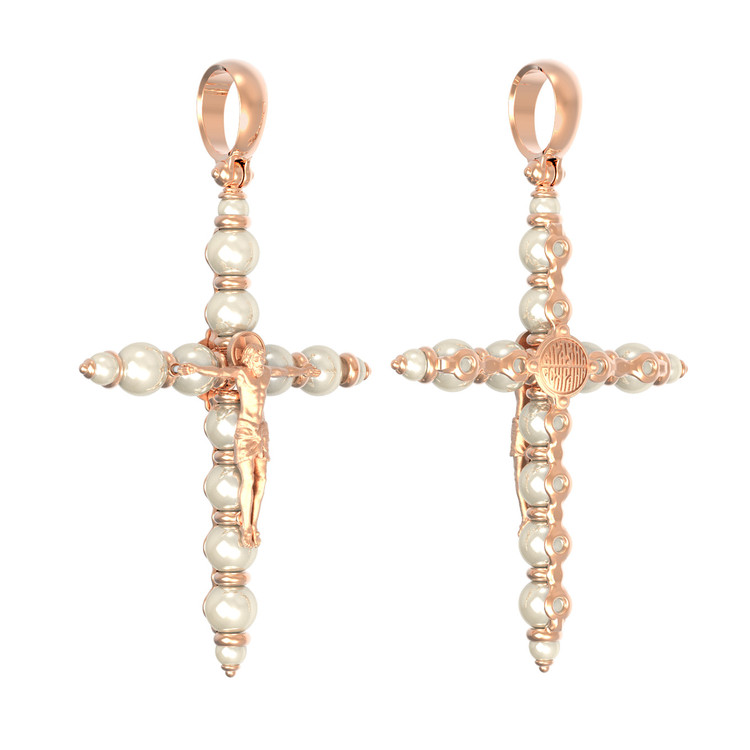 Крест из красного золота 585 пробы c жемчугом