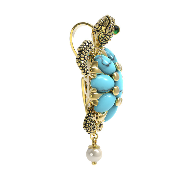 Подвеска из лимонного золота 585 пробы c эмалью, жемчугом и бирюзой