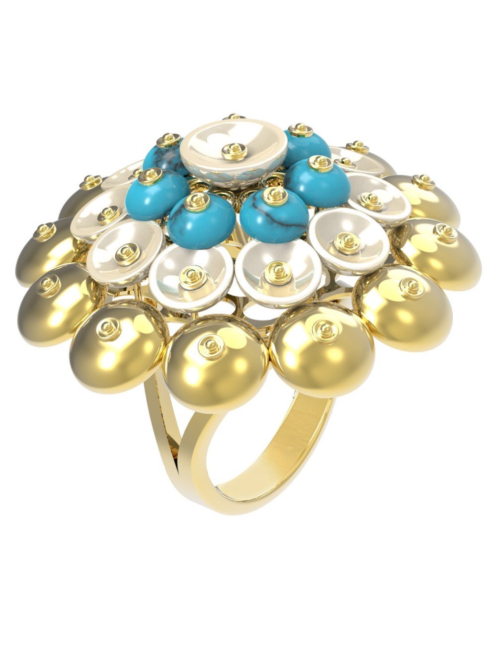 Кольцо из лимонного золота c бирюзой и перламутром