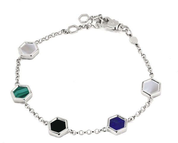 Браслет из белого золота c ониксом, лазуритом, малахитом и перламутром