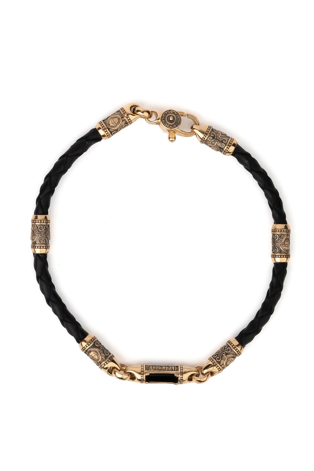 Браслет-шнурок из красного золота 585 пробы c кожаным шнурком и ониксом