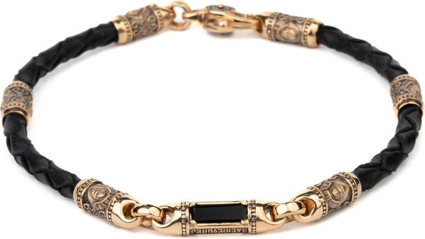 Браслет-шнурок из красного золота 585 пробы c кожаным шнурком и ониксом