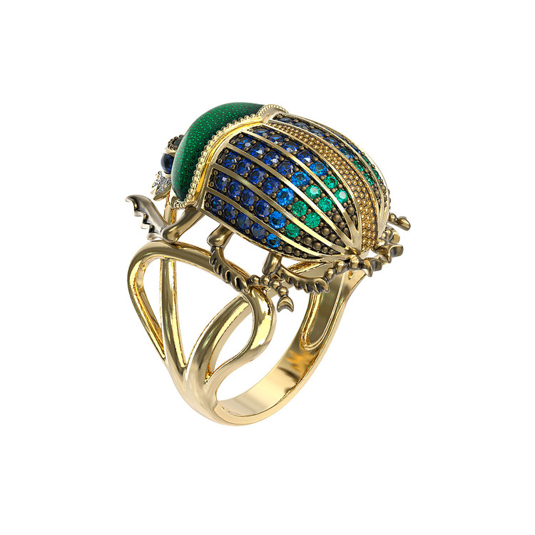 Кольцо из лимонного золота 585 пробы c эмалью, фианитом и турмалином