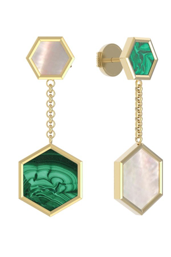 Серьги из лимонного золота c малахитом и перламутром