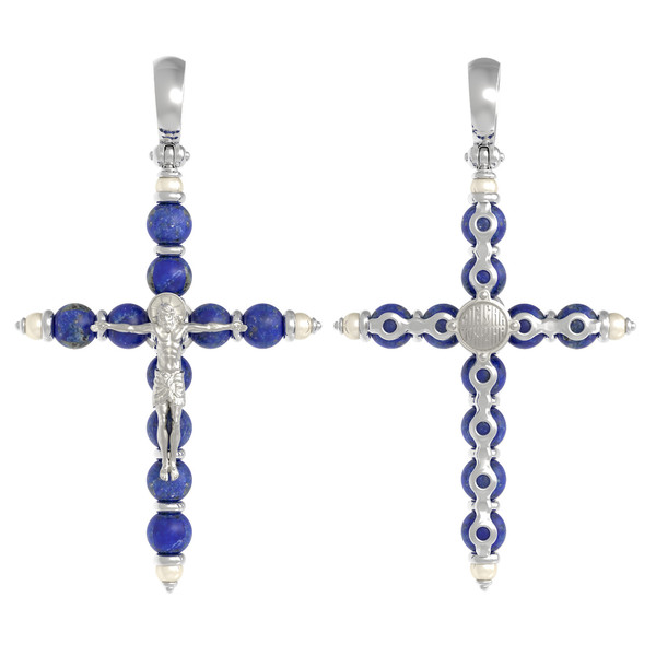 Крест из белого золота 585 пробы c жемчугом и лазуритом