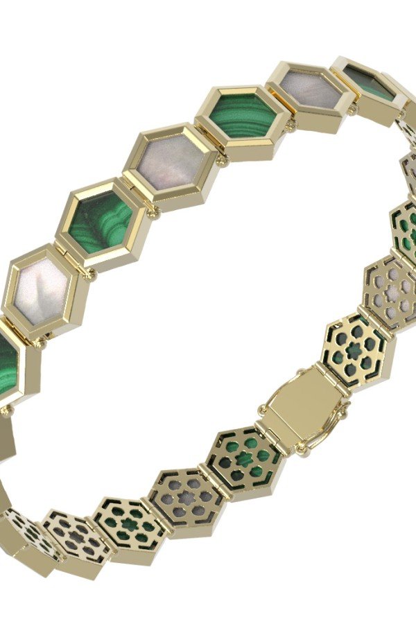 Браслет из лимонного золота c малахитом и перламутром