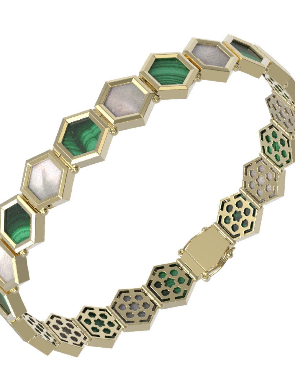 Браслет из лимонного золота c малахитом и перламутром