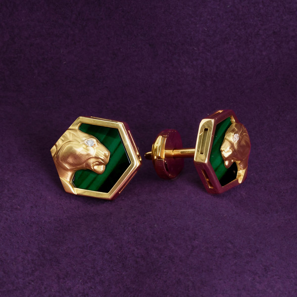 Серьги из лимонного золота 585 пробы c бриллиантами и малахитом