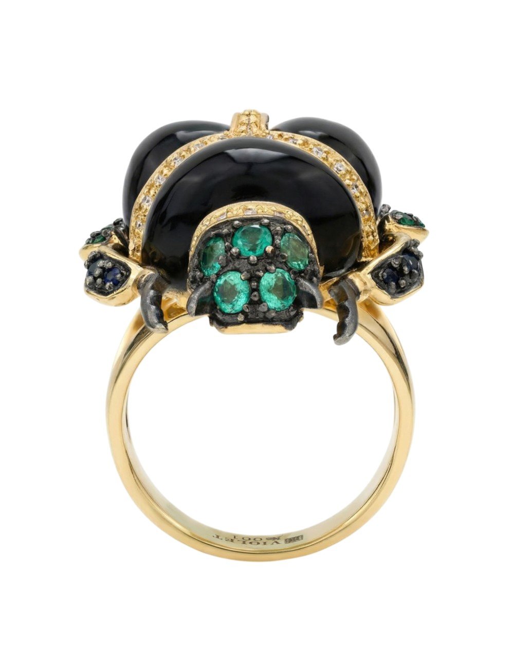 Кольцо из лимонного золота c бриллиантами, сапфиром, изумрудом и ониксом