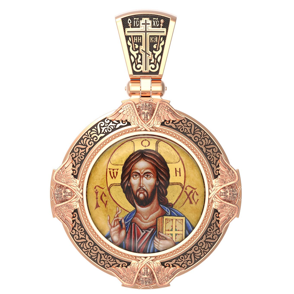 Нательная икона из красного золота 585 пробы c эмалью, иконописью и темперой