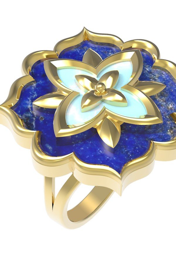 Кольцо из лимонного золота c бирюзой и лазуритом