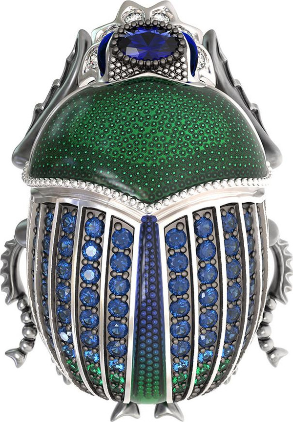 Брошь-подвеска из белого золота 585 пробы c эмалью, фианитом и сапфиром