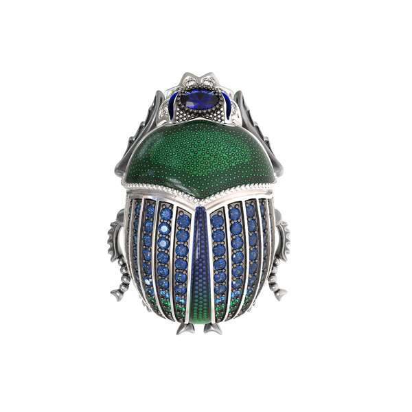 Брошь-подвеска из белого золота 585 пробы c эмалью, фианитом и сапфиром