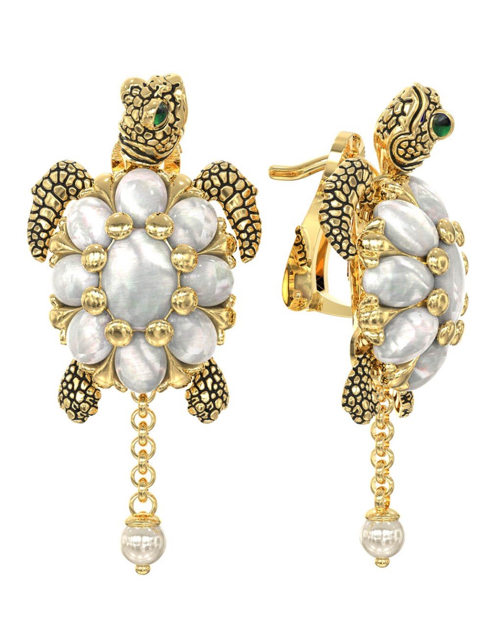 Серьги из лимонного золота c эмалью, жемчугом и перламутром