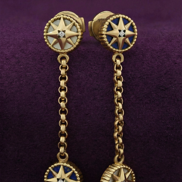 Серьги из лимонного золота 585 пробы c бриллиантами, лазуритом и перламутром