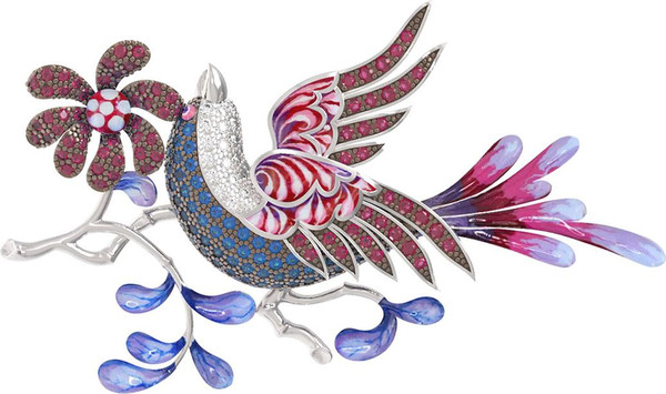 Брошь из белого золота 585 пробы c эмалью и фианитом