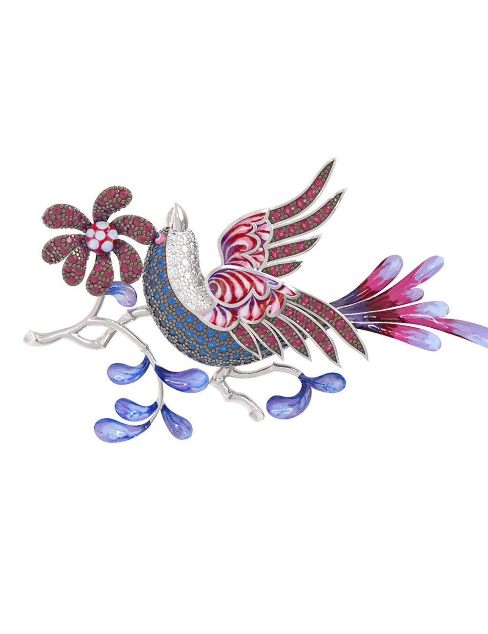 Брошь из белого золота c эмалью и фианитом