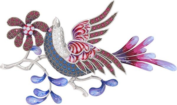 Брошь из белого золота c эмалью и фианитом