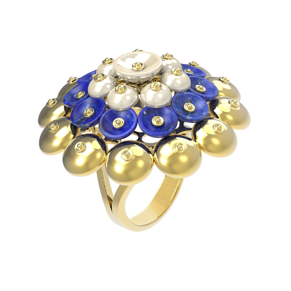 Кольцо из лимонного золота 585 пробы c лазуритом и перламутром