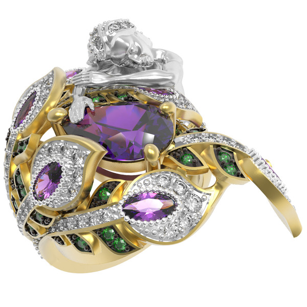 Кольцо из лимонного золота 585 пробы c фианитом и аметистом