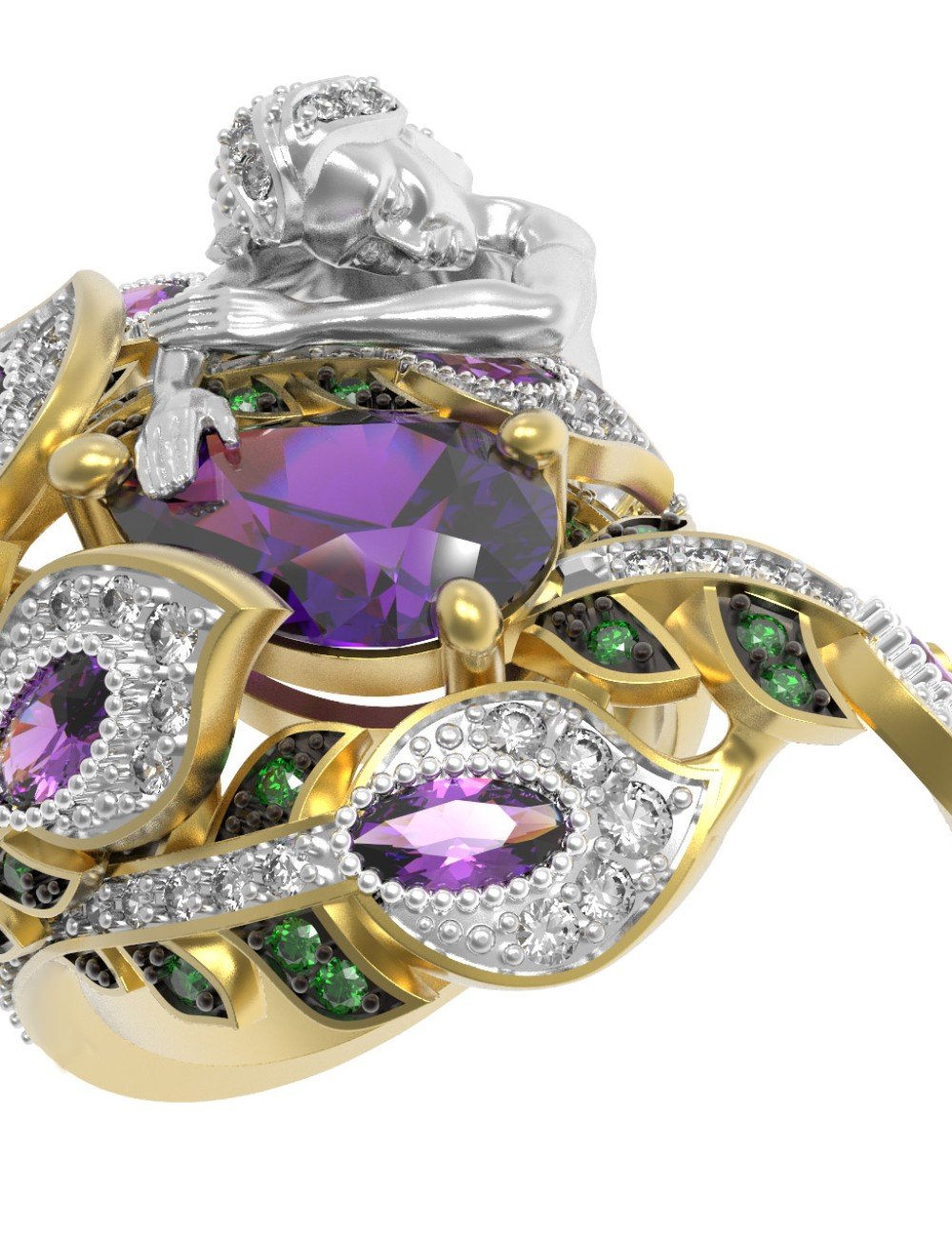 Кольцо из лимонного золота c фианитом и аметистом