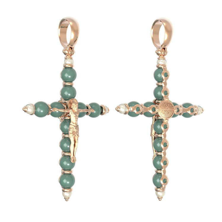 Крест из красного золота 585 пробы c жемчугом и бирюзой