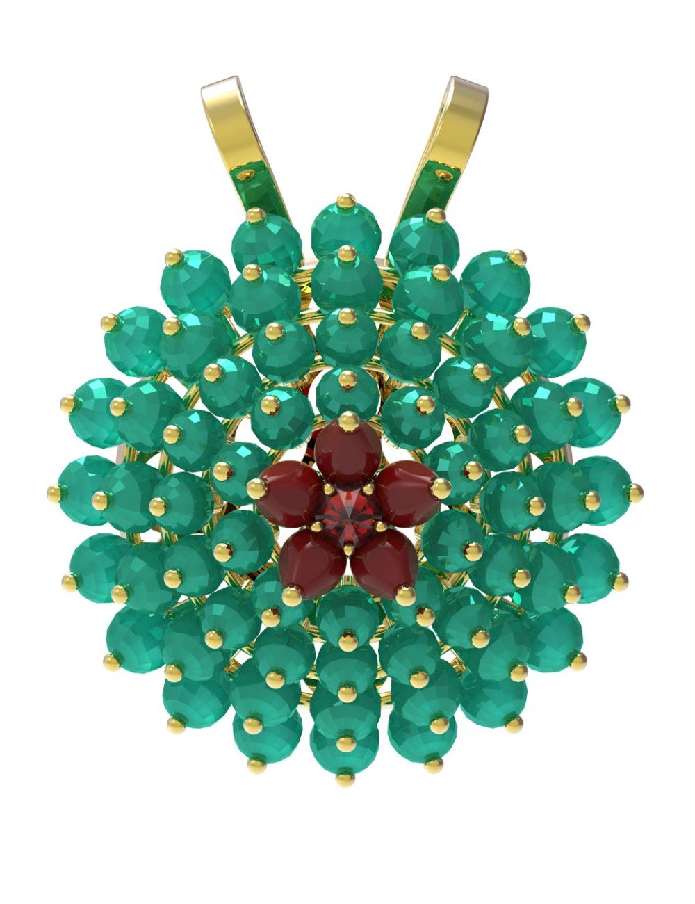 Подвеска из лимонного золота c гранатом, хризопразом и кораллом