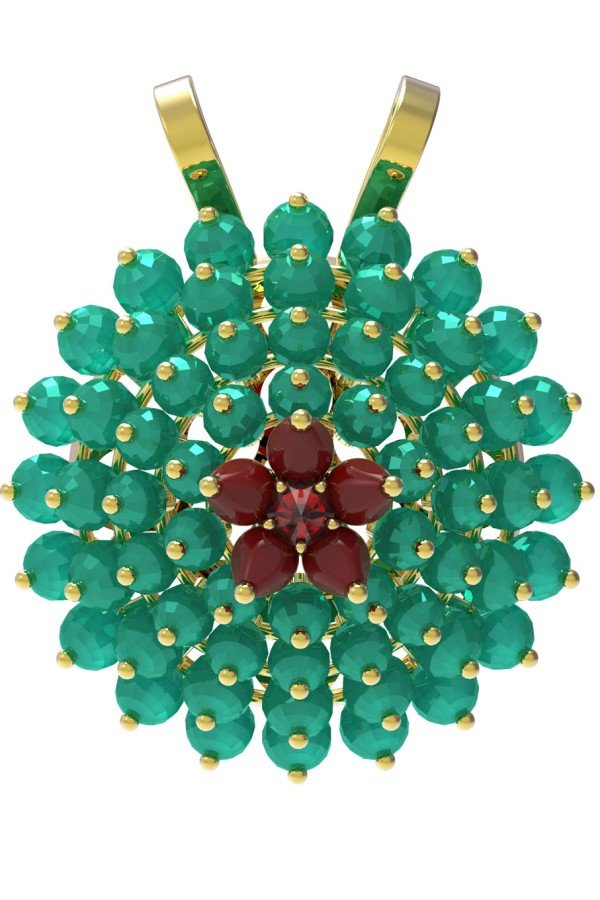 Подвеска из лимонного золота c гранатом, хризопразом и кораллом