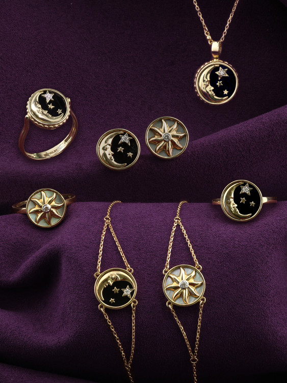 Серьги из лимонного золота 585 пробы c бриллиантами, ониксом и перламутром