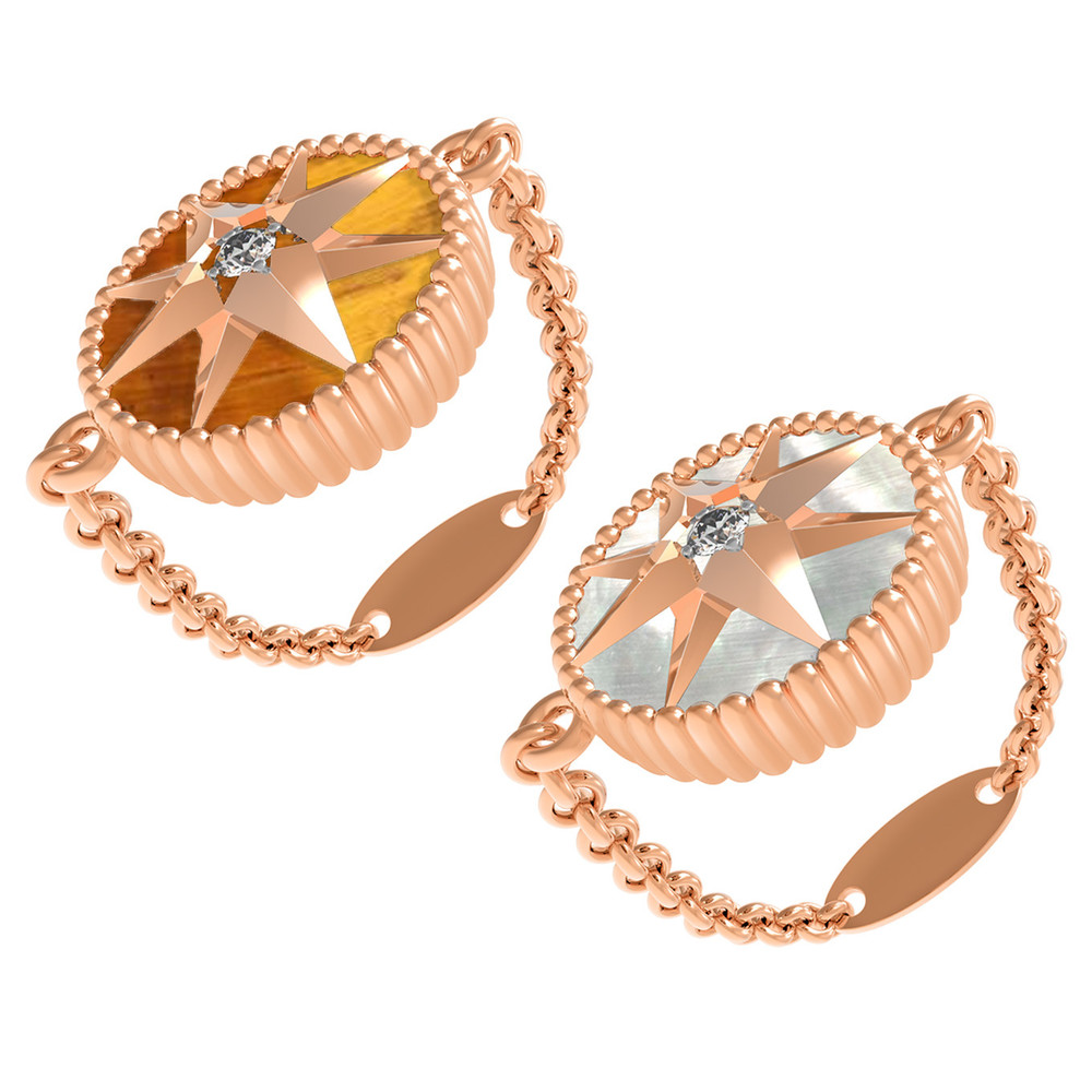 Кольцо из красного золота 585 пробы c фианитом, тигровым глазом и перламутром