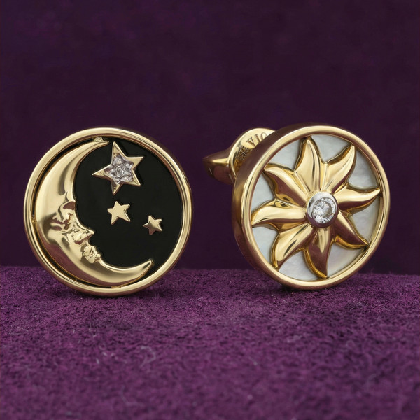 Серьги из лимонного золота 585 пробы c бриллиантами, ониксом и перламутром