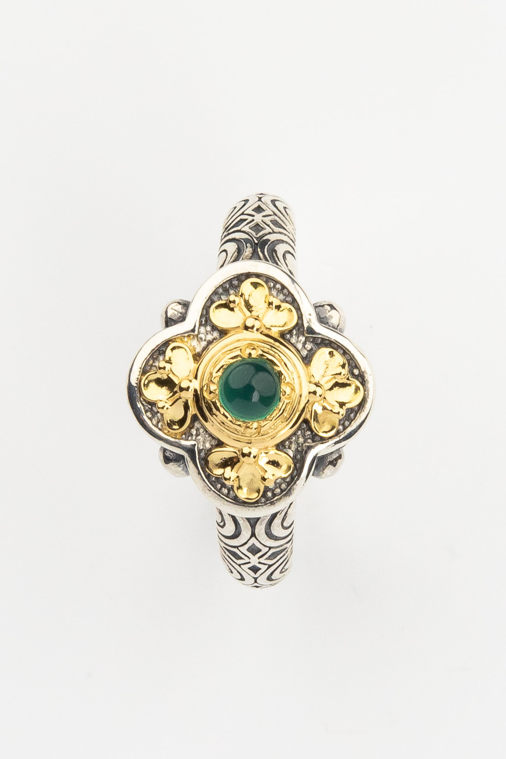 Кольцо из серебра 925 пробы и золота 750 пробы c хризопразом и рубином