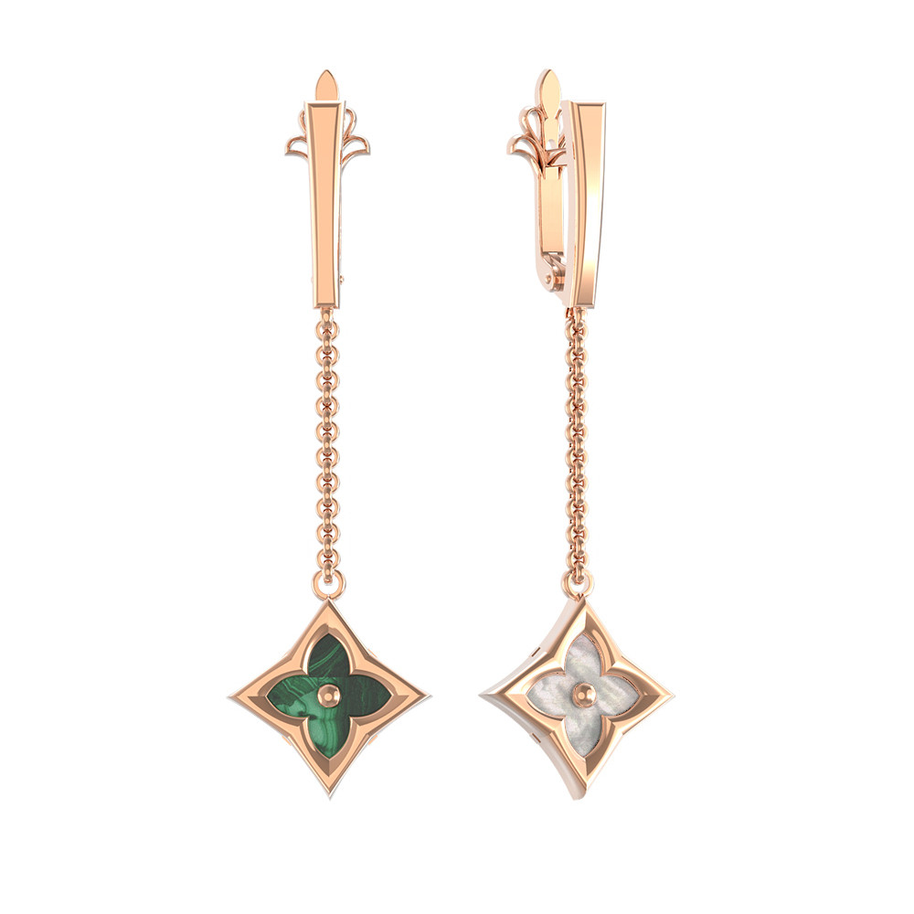 Серьги из красного золота 585 пробы c малахитом и перламутром