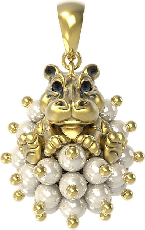 Подвеска из лимонного золота 585 пробы c эмалью и жемчугом