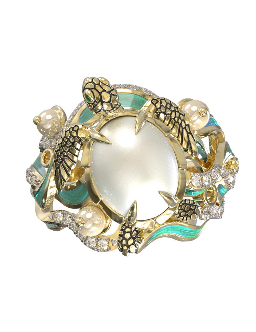 Кольцо из лимонного золота c эмалью, бриллиантами, жемчугом и перламутром