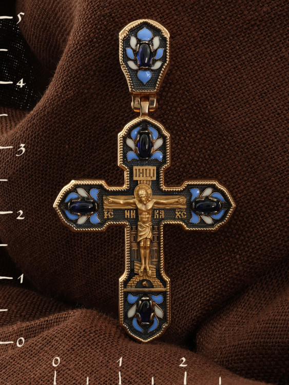 Крест из красного золота 585 пробы c эмалью и сапфиром