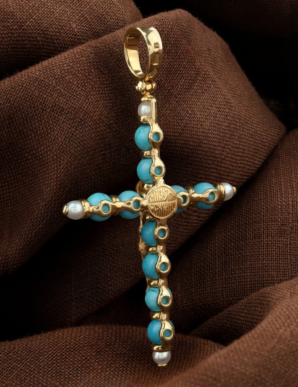 Крест из лимонного золота c жемчугом и бирюзой