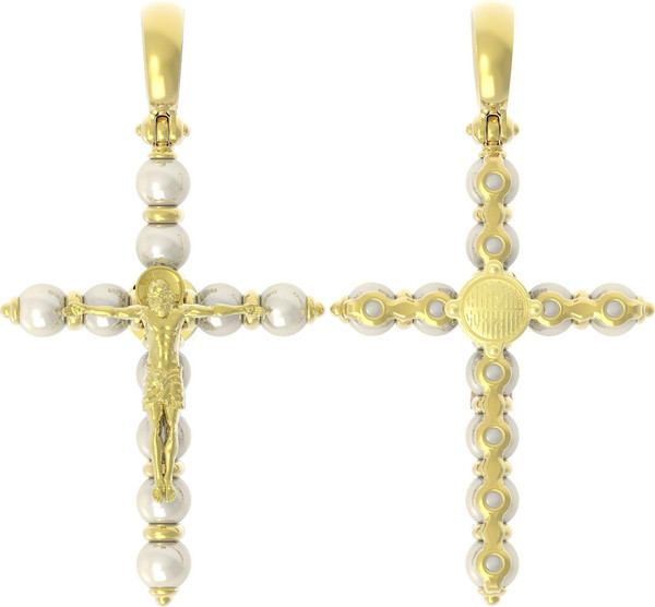 Крест из лимонного золота 585 пробы c жемчугом