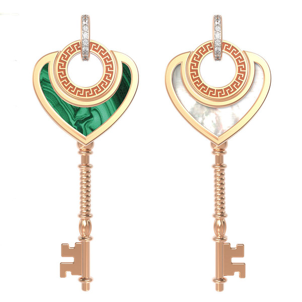 Подвеска из красного золота 585 пробы c фианитом, малахитом и перламутром