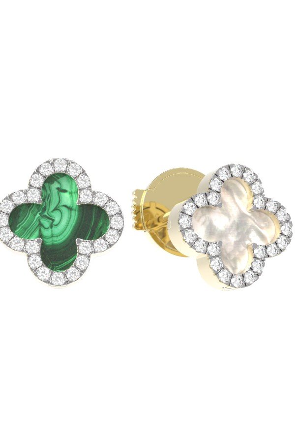 Серьги из лимонного золота c бриллиантами, малахитом и перламутром