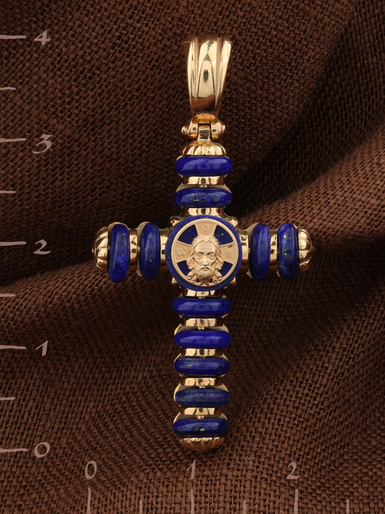 Крест из красного золота 585 пробы c лазуритом