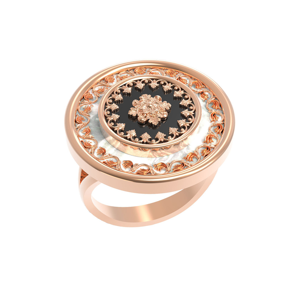 Кольцо из красного золота 585 пробы c ониксом и перламутром