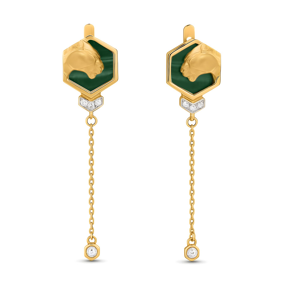 Серьги из лимонного золота 585 пробы c бриллиантами и малахитом