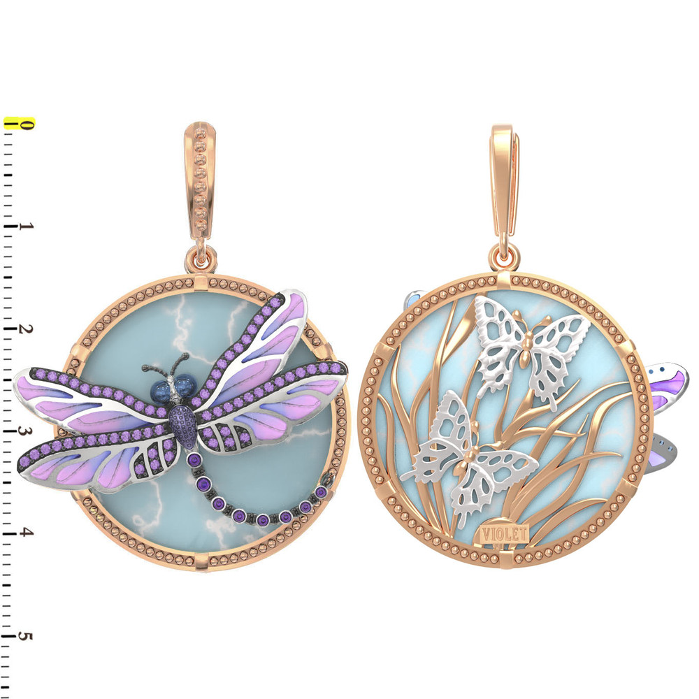 Подвеска из красного золота 585 пробы c бирюзой, аметистом и эмалью