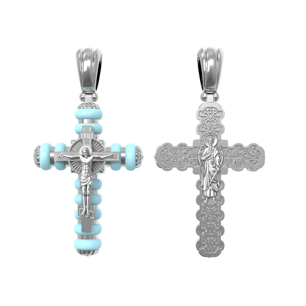 Крест из белого золота 585 пробы c бирюзой