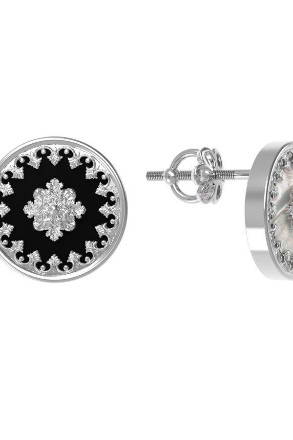 Серьги из белого золота c ониксом и перламутром